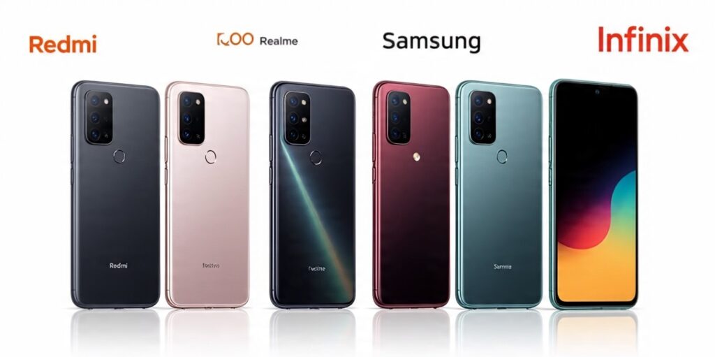 ₹15,000 के अंदर 5 दमदार 5G स्मार्टफोन – फीचर्स और प्राइस 2 2025 में ₹15,000 के अंदर Redmi, iQOO, Realme, Samsung और Infinix के 5G स्मार्टफोन का साइड-बाय-साइड लाइनअप, सफेद बैकग्राउंड पर स्पेसिफिकेशन हाइलाइट्स के साथ, रियलिस्टिक फोटोग्राफी स्टाइल