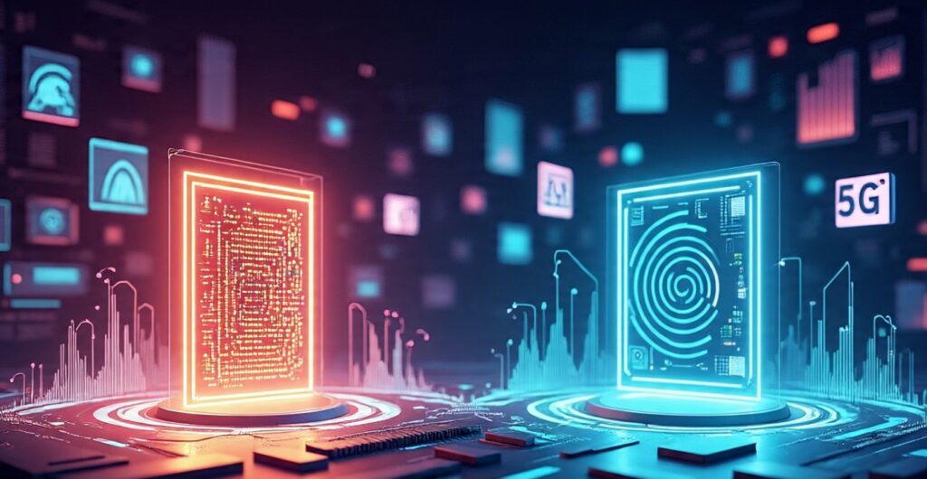 फोन खरीदने से पहले जानें: Snapdragon vs MediaTek – कौन सा प्रोसेसर आपके लिए बेस्ट चॉइस है? 2 Snapdragon और MediaTek चिप्स के ग्लोइंग होलोग्राम के साथ परफॉर्मेंस ग्राफ, गेमिंग आइकन, बैटरी सिंबल और 5G वेव्स वाला फ्यूचरिस्टिक हाई-टेक डिजिटल इलस्ट्रेशन