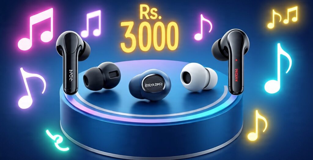 ₹3000 में गेमिंग और म्यूजिक का अल्टीमेट डबल मज़ा 2025 के 5 बेस्ट TWS Earbuds 2 2025 में ₹3000 के अंदर 5 बेस्ट TWS Earbuds, गेमिंग और म्यूजिक आइकॉन के साथ नीयॉन बैकग्राउंड में हाईलाइट किए गए