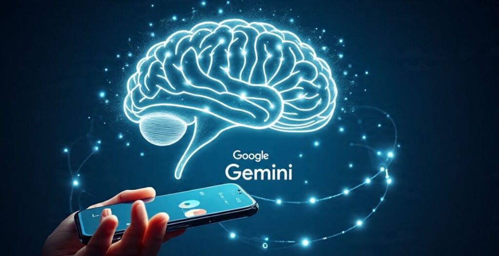 Google Gemini गूगल जेमिनी का लोगो और एक लैपटॉप स्क्रीन, जिस पर एक यूजर आसानी से लॉग इन कर रहा है।
