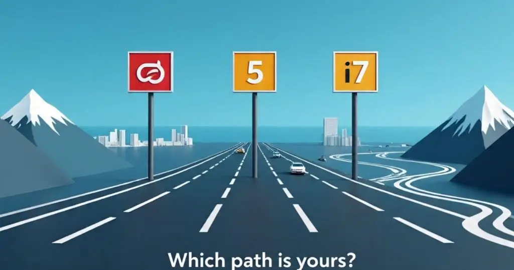 इंटेल प्रोसेसर की तुलना कारों से करता हुआ इन्फोग्राफिक: Core i3 एक सिटी कार, i5 एक सेडान, और i7 एक SUV के रूप में, जो Intel i3 vs i5 vs i7 की बहस को सरल बनाता है।