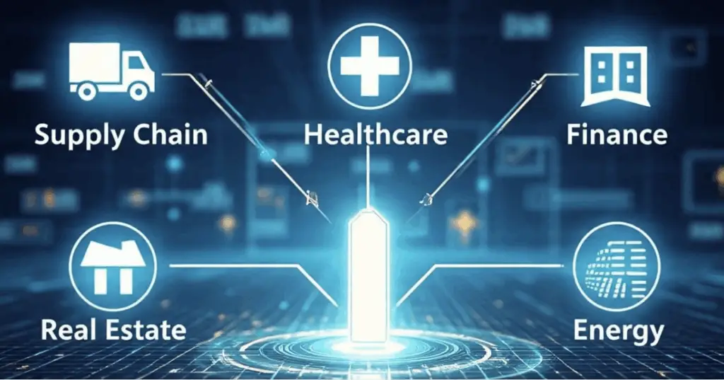 विभिन्न उद्योगों में Blockchain तकनीक के उपयोग को दर्शाती डिजिटल फ़ीचर्ड इमेज।