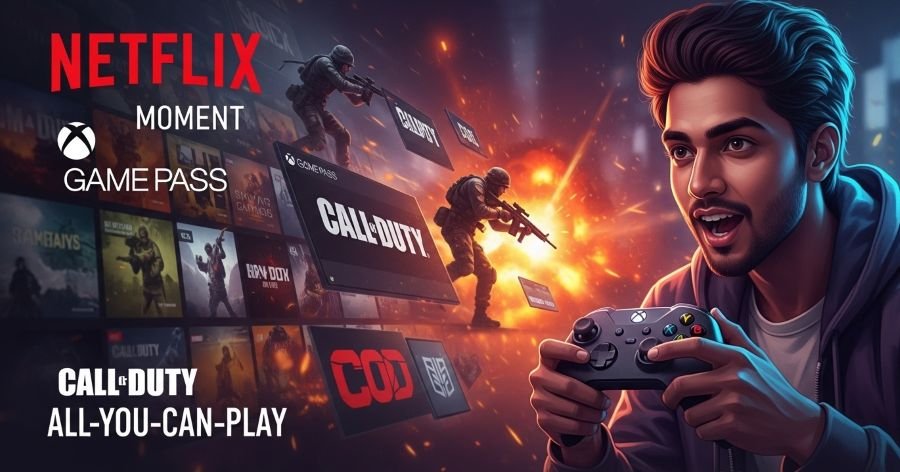 Weekly Tech News Call of Duty Game Pass पर - एक युवा गेमर Xbox कंट्रोलर पकड़े हुए, सब्सक्रिप्शन मॉडल से गेमिंग के भविष्य को दर्शाता हुआ।