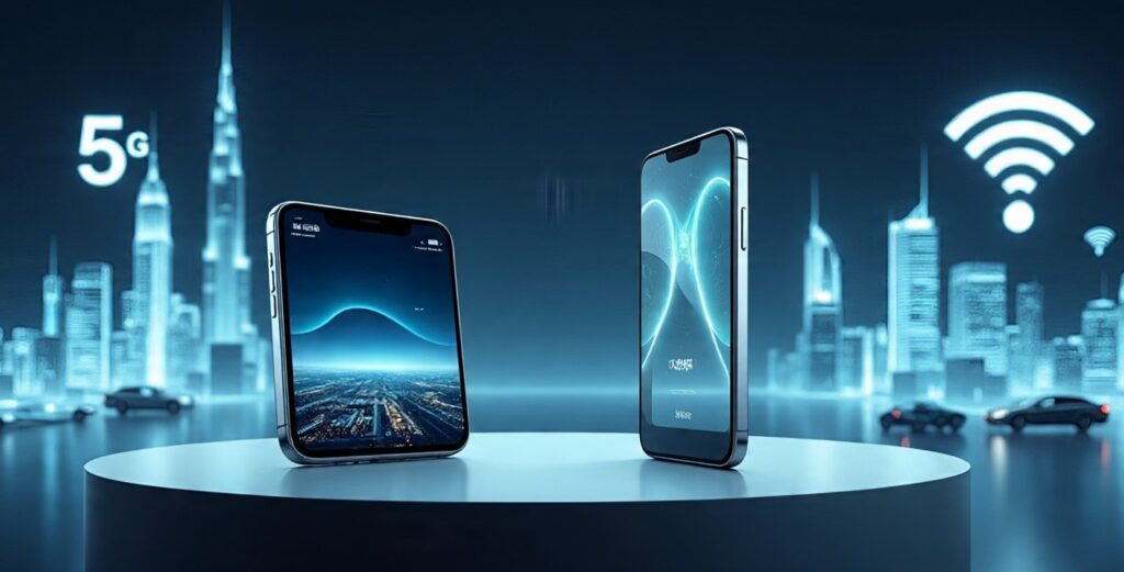 Foldable iPhone, की पहली झलक Nothing Phone 3 धमाका आ रहा है 5G की Shocking तूफानी रफ्तार – जानिए पूरी खबर 1 Futuristic concept display of a foldable Apple iPhone with a sleek titanium body and vibrant screen next to the Nothing Phone 3 featuring a transparent back with glowing LED Glyph lights, showcased at a tech exhibition with 5G graphics in the background
