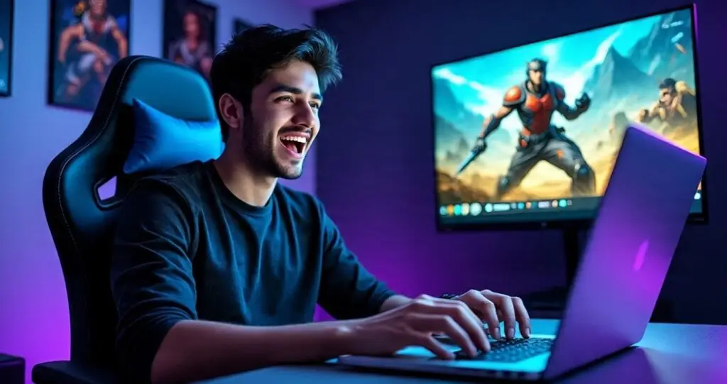 An excited young Indian gamer playing a high-graphics game on one of the best gaming laptops under 70000