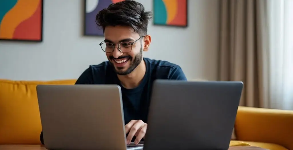 Best Laptops Under ₹40000 में 5 सबसे Amazing लैपटॉप घर और ऑफ़िस काम के लिए 1 A happy young Indian student unboxing their new best laptops under 40000, which they will use for college and office work