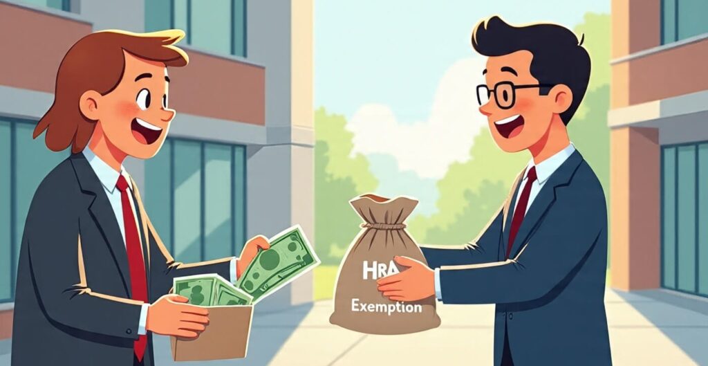 Tax कैसे बचाएं? 2025 की Best Beginners Guide 80C के अलावा 5 Powerful और Easy Tax Saving Tips 4 क व्यक्ति मकान मालिक को किराया दे रहा है और बदले में HRA छूट के रूप में टैक्स में बचत पा रहा है