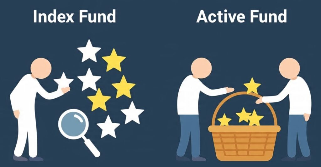 Index Fund क्या है Warren Buffett का Trusted निवेश जानिए 2025 की Best Beginner’s Guide 2 एक्टिव फंड और इंडेक्स फंड की तुलना: एक में मुश्किल से कुछ स्टार्स चुनना और दूसरे में शांति से सभी स्टार्स को एक बास्केट में रखना