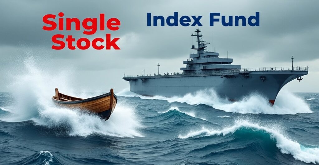 Index Fund क्या है Warren Buffett का Trusted निवेश जानिए 2025 की Best Beginner’s Guide 3 तूफानी समुद्र में एक अकेले स्टॉक की छोटी नाव डूब रही है, जबकि इंडेक्स फंड का विशाल जहाज़ उसी तूफान में स्थिर और सुरक्षित खड़ा है, जो निवेश के जोखिम की तुलना दिखाता है