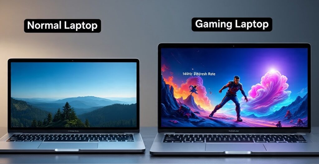 Gaming Laptop vs Normal Laptop आपके लिए Best कौन पैसे बर्बाद करने से पहले जान लें 3 क तरफ प्रोफेशनल काम के लिए रखा नॉर्मल लैपटॉप और दूसरी तरफ RGB कीबोर्ड वाला एक पावरफुल गेमिंग लैपटॉप, दोनों की तुलना।