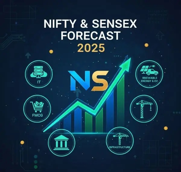 Nifty & Sensex का अल्टीमेट पूर्वानुमान: किन सेक्टर्स में करें स्मार्ट निवेश 1 2025 में Nifty forecast & Sensex का पूर्वानुमान - स्टॉक मार्केट ग्राफ पर विभिन्न सेक्टर आइकन्स और विकास के तीर।