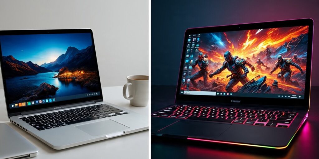 Gaming Laptop vs Normal Laptop क तरफ प्रोफेशनल काम के लिए रखा नॉर्मल लैपटॉप और दूसरी तरफ RGB कीबोर्ड वाला एक पावरफुल गेमिंग लैपटॉप, दोनों की तुलना।
