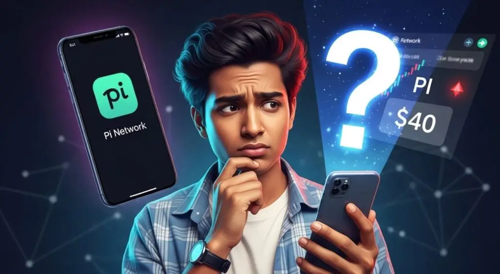Pi Network Price Real: $40 कीमत का सच – Pi Network ऐप और एक्सचेंज चार्ट को देखकर उलझन में व्यक्ति, पास में प्रश्नचिह्न।