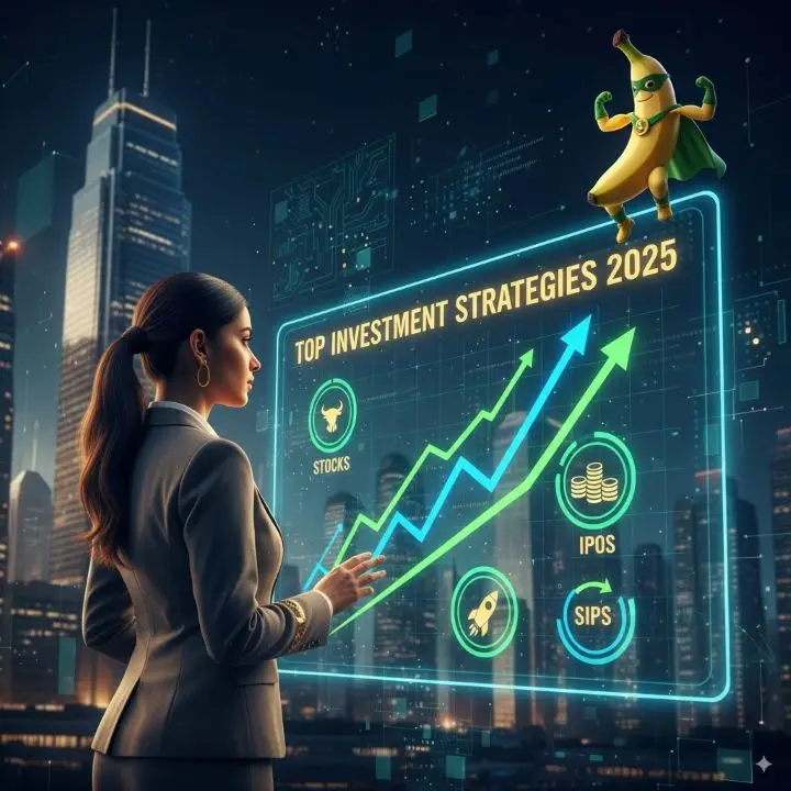 2025 में Share Bazaar me nivesh के लिए Top 5 रणनीतियाँ - एक व्यक्ति ऊपर की ओर बढ़ते स्टॉक ग्राफ और निवेश विकल्पों के साथ।