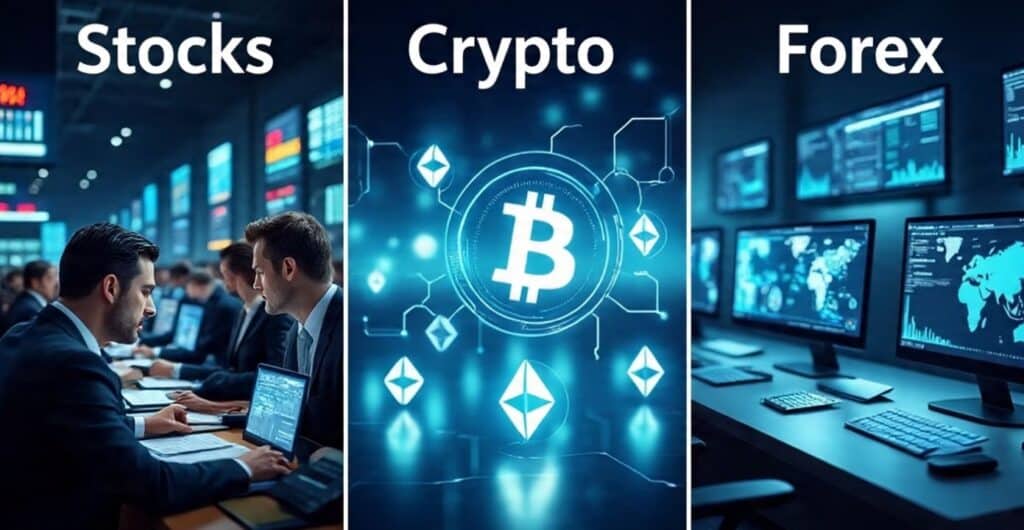 एक विज़ुअल जिसमें Stocks vs Crypto vs Forex की तुलना की गई है: एक तरफ स्टॉक एक्सचेंज, बीच में चमकते हुए क्रिप्टोकरेंसी कॉइन्स, और दूसरी तरफ फॉरेक्स ट्रेडिंग चार्ट्स।