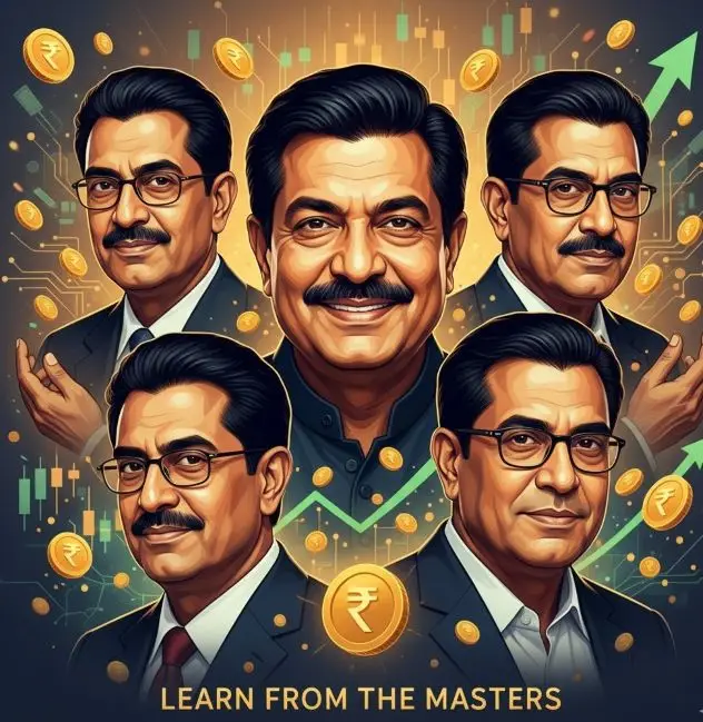 भारत के टॉप 5 Safal Niveshak की कहानियाँ - राकेश झुनझुनवाला और अन्य निवेशकों के चित्र, वेल्थ क्रिएशन का प्रतीक।