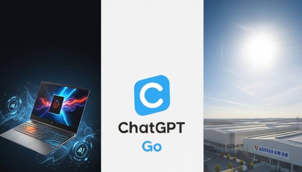 A dynamic collage for the Weekly Tech News showing the new HP AI Gaming Laptop, the ChatGPT Go logo, and the Vikram Solar company building.