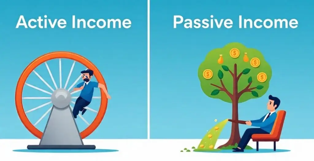 Passive Income क्या होती है? 2025 में सोते-सोते पैसे कमाने के 5 Powerful तरीके 2 एक्टिव इनकम और पैसिव इनकम के बीच तुलना, जिसमें एक व्यक्ति पहिये पर दौड़ रहा है और दूसरा पेड़ से पैसे के फल तोड़ रहा है