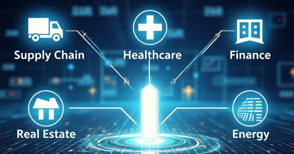 Blockchain का असली जादू 2025 क्रिप्टो से आगे 5 इंडस्ट्रीज़ जो कमा रही हैं रिकॉर्ड तोड़ मुनाफा 1 विभिन्न उद्योगों में Blockchain तकनीक के उपयोग को दर्शाती डिजिटल फ़ीचर्ड इमेज।