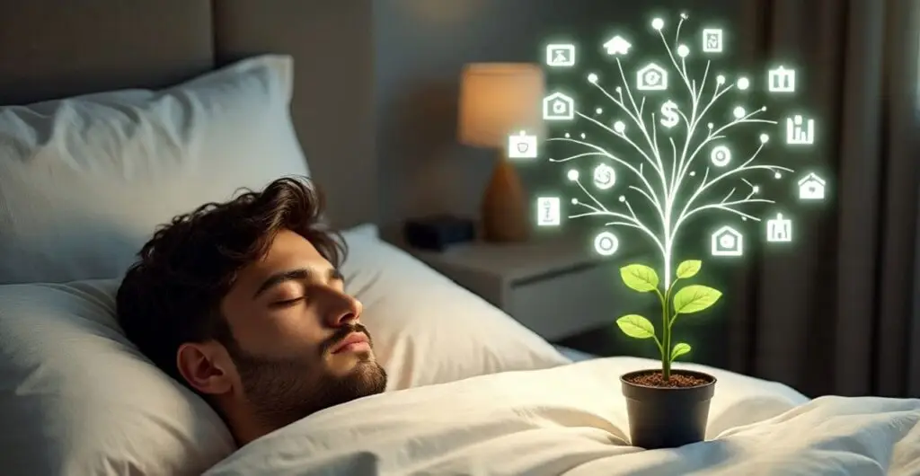 एक व्यक्ति शांति से सो रहा है जबकि उसके पास रखे मनी प्लांट से Passive Income के विभिन्न स्रोत (यूट्यूब, स्टॉक मार्केट, रेंटल) निकल रहे हैं